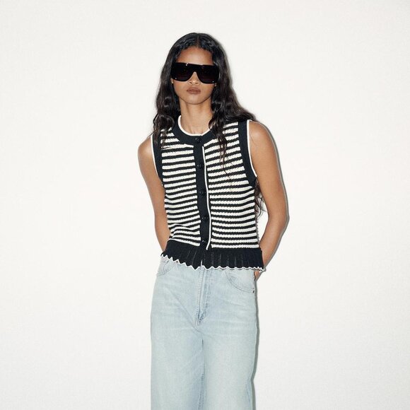 Zara Striped Knit Vest Top Black/White Size XL | Sleeveless Button Front Chic - Picture 2 of 8